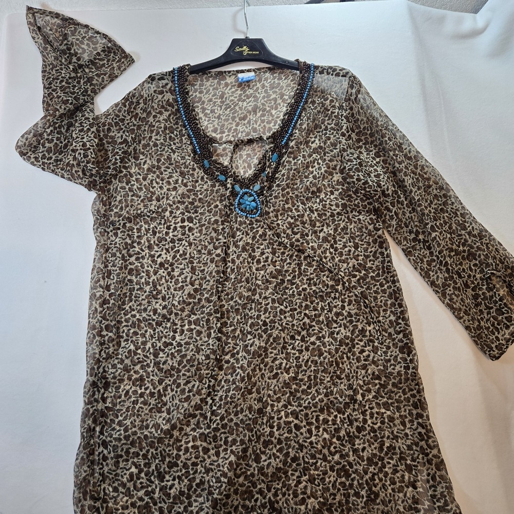 Soaked Animal‎ Print Beaded Blouse Women's Flutter Sleeve Empire Waist Tunic Top